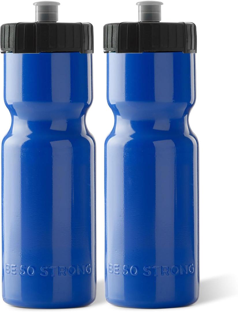 50 Strong Sports Water Bottles 4-Pack – Reusable 22 oz BPA-Free Plastic Bottles with Pull Top Cap – Made in USA – Top Rack Dishwasher Safe – Fits Most Bike Cages Brand - Blue