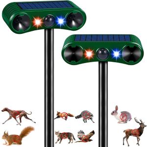 Solar Ultrasonic Nocturnal Animal Repellent Sonic Fortress Pro Deer Rabbit Repeller Raccoon Squirrel Deterrent with Flash Light Motion Sensor to Keep Cat Dog Fox Skunk Out of Garden Yard (2Pack)