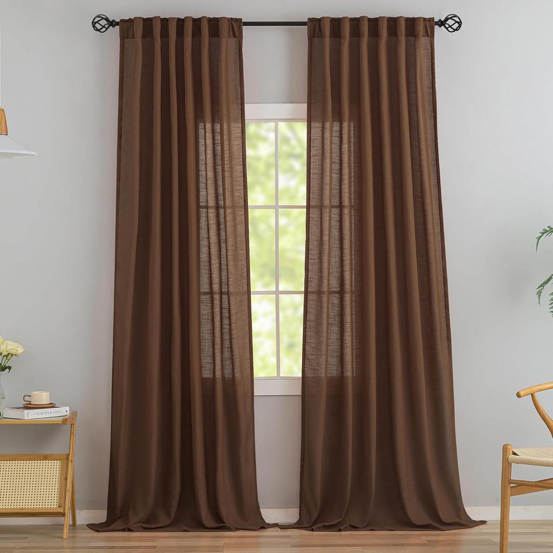 Deep Brown Linen Back Tab Curtains 102 Inches Long 2 Panels Set for High Windows -Rustic Hooks Belt Pinch Pleated Look Easy Sliding Curtains Pocket Light Filtering Semi Privacy Drapres 52x102 Length