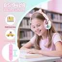 QearFun Kids Cat Ear Headphones with USB C for Girls with Microphone, 85/94dB Safe Volume Limiter, Tangle-Free Cord, Share Port, Foldable Sparkly Wired Headset for School, Travel, Tablet, iPad