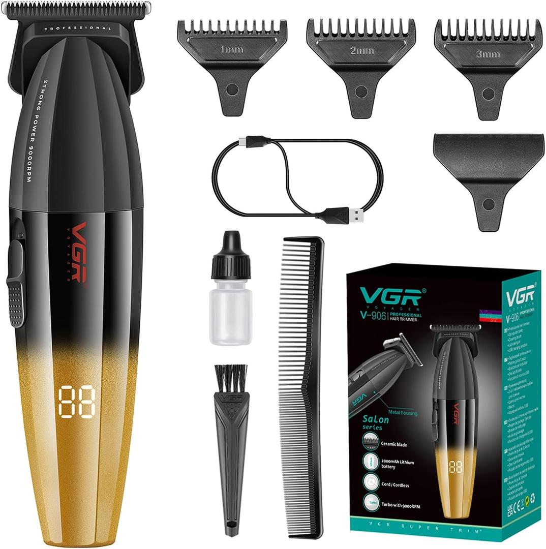 VGR 906 Fresh Fade Professional Hair Trimmer, 9000rpm Zero Gapped Beard Trimmer for Men, DLC T-Blade Cordless Hair Clipper for Barbers and USB Rechargeable, Gold (Black)