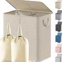 Lifewit Double Laundry Hamper with Lid and Removable Laundry Bags, Large Collapsible 2 Dividers Dirty Clothes Basket with Handles for Bedroom Laundry Room Closet Bathroom College, 136L Beige