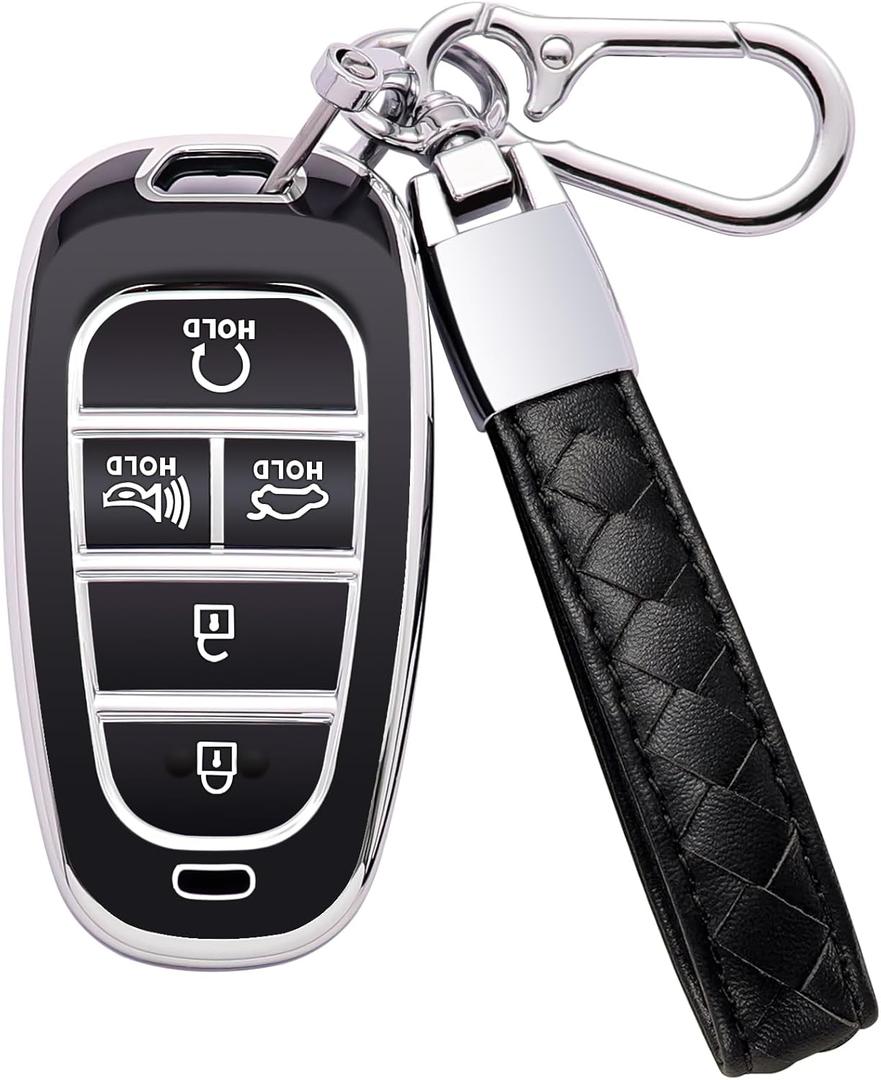 for Hyundai Key Fob Cover 5 Button Soft TPU with Leather Keychain 360 Degree Protection Car Key Case Shell Holder Fits for 2023 2022 2021 2020 Hyundai Sonata Santa fe Tucson, B Black