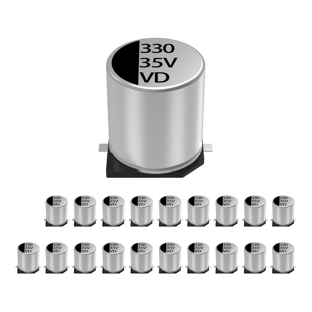 20-Pack 35V 330uF Premium Quality Low Impedance Chip Electrolytic Capacitors 10x10.5mm (0.39x0.41in), 35Volt 330MFD High-Frequency SMD Surface Mount Device Caps with Superior Performance (35V Black text)