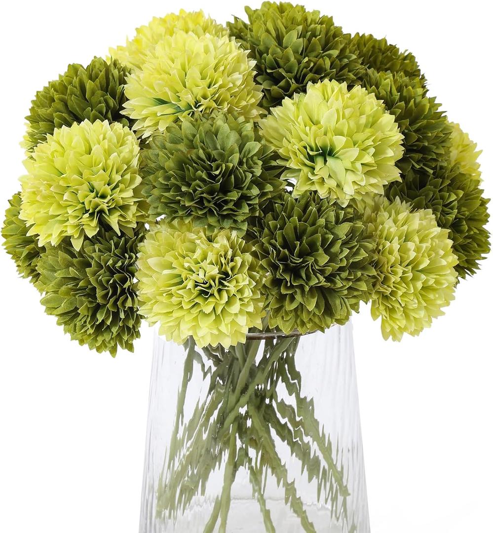 Kimura's Cabin 20Pcs Green Chrysanthemum Artificial Flowers Fake Silk Mums Flower with Stem Balls Flowers for Wedding Bouquets Arrangements St Patricks Day Home Garden Table Centerpieces DIY Decor