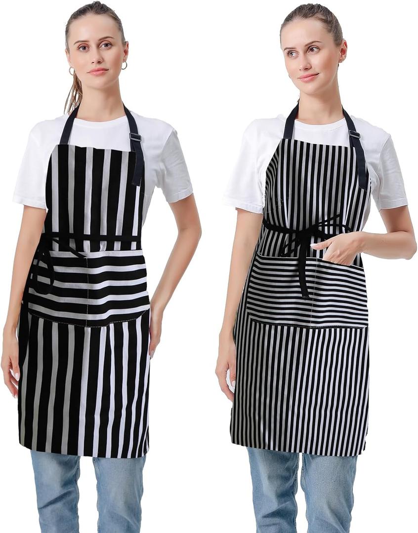 2 Pcs Kitchen Aprons for Men Women, 100% Cotton Adjustable Bib Grill Aprons with 2 Pockets for Kitchen Cooking Garden Apron with pockets (60 * 80cm, Black Stripes)