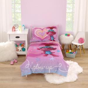 NoJo DreamWorks Trolls Show Up Glow Up Pink and Blue, Hearts and Stars 4 Piece Toddler Bed Set - Comforter, Fitted Bottom Sheet, Flat Top Sheet, and Reversible Pillowcase
