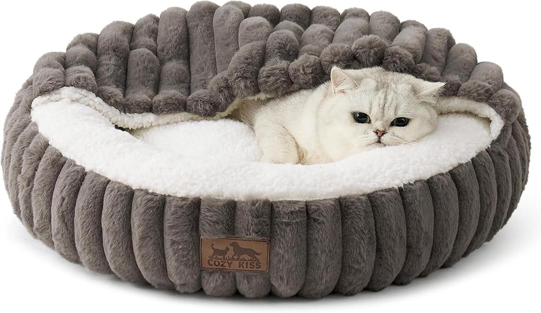 Cat Bed with Hooded Blanket, Round Fluffy Anti-Anxiety Pet Bed for Cats/ Small Dogs, Cozy Donut Cuddler with Machine Washable Faux Fur & Anti-Slip Bottom (23"×23"×6", Grey)