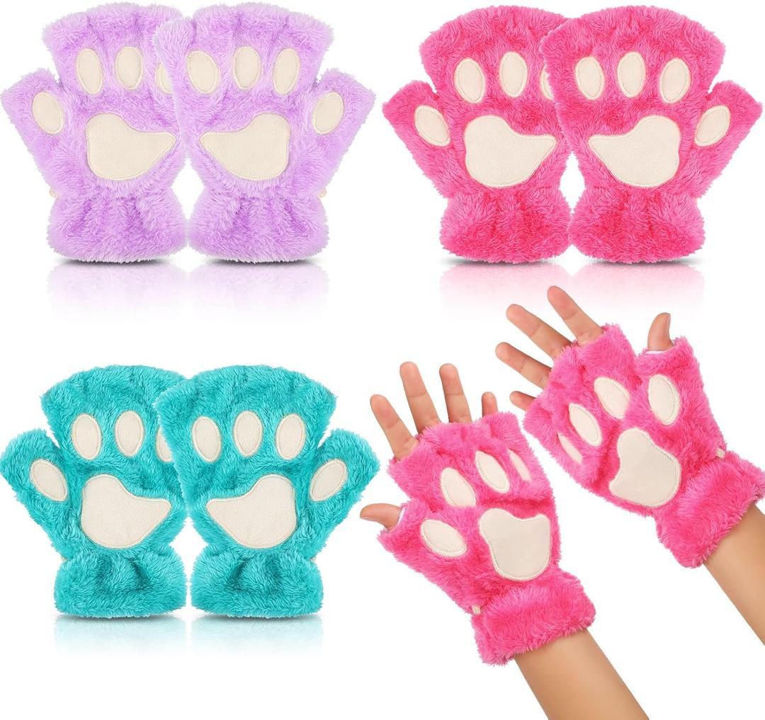 Geyoga 3 Pairs Cat Paw Gloves Therian Theme Furry Kawaii Plush Fingerless Paws Cosplay Gloves Girls Women Gift Costume Favor