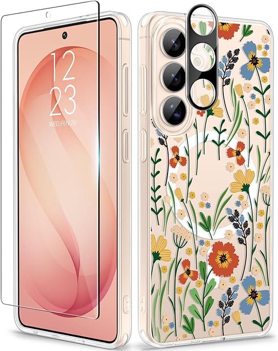 GVIEWIN for Samsung Galaxy S24 Plus Case, Clear Floral Slim Shockproof Protective Women Phone Case, Non-Yellowing, with Screen Protector & Camera Lens Protector for S24 Plus 6.7", Blooming Flowerets