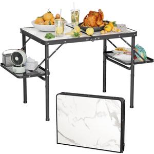 Titanker Folding Camping Table 3ft, Folding Picnic Table, Camp Tables Portable, 50% Extra Side Space, Outdoor Patio Table, RV/Car Camping Essentials, Aluminum Light & Solid (Large 35.4"L x 23.6"W x 27.9"H, White Marble Top & Black Frame)