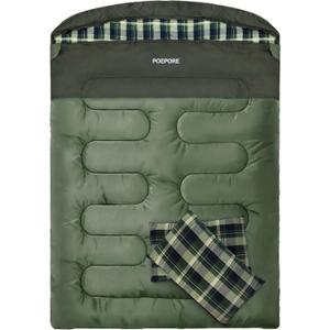 Double Sleeping Bag Flannel for Adults with 2 Pillows 2 Person Sleeping Bags Camping XXL Queen Size Two Person Sleeping Bag for Cold Weather (GREEN)