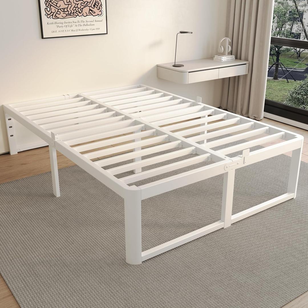 ZTH Full Bed Frame, 14 inch Reinforced Heavy Duty Metal Platform Bed, White