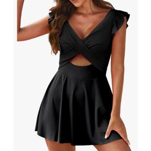Aleumdr Women's One Piece Swimsuit Ruffle Cutout Swimdress Tummy Control V Neck Wrap Swimwear Black XL