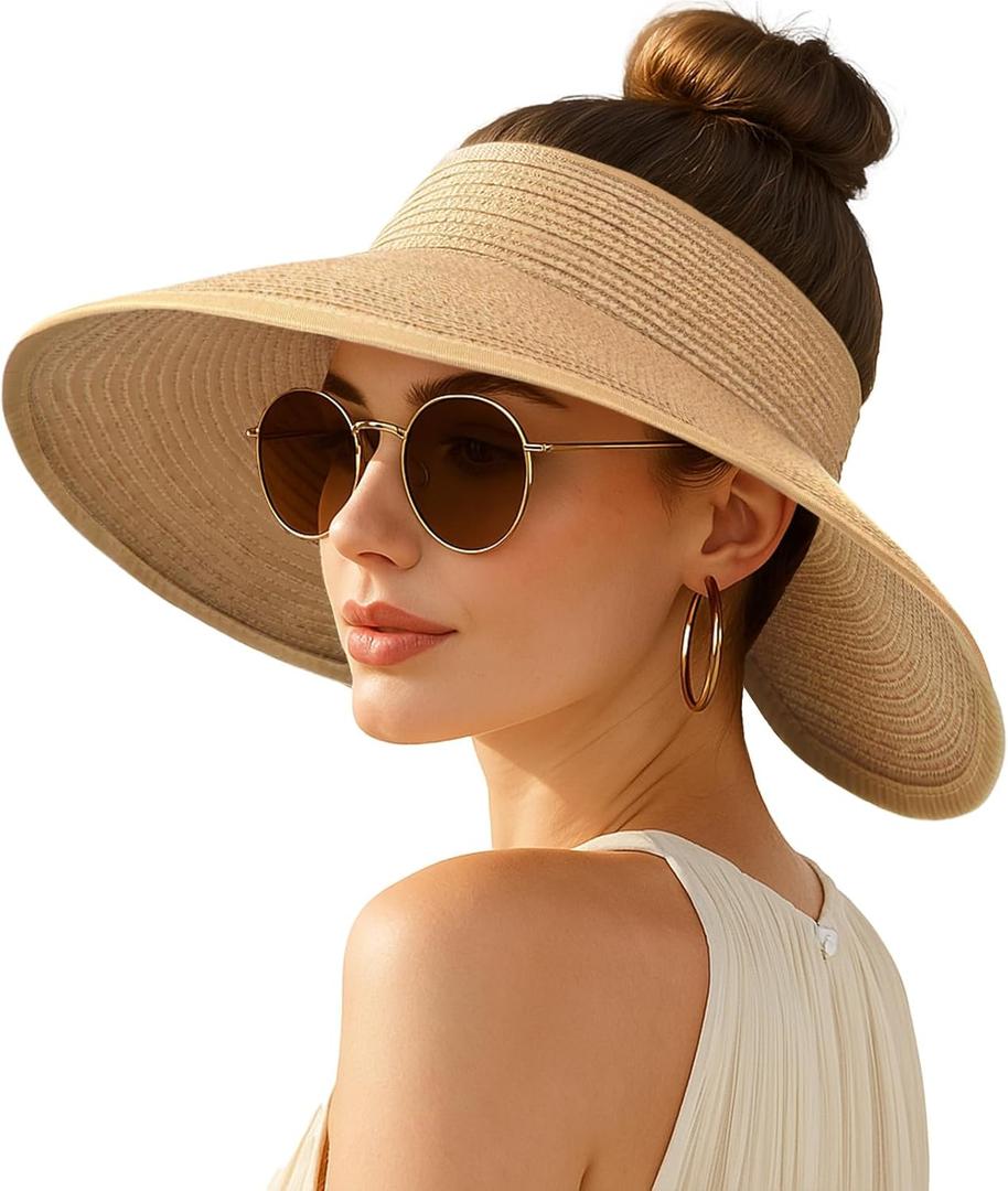 Women's Sun Visor Hats Wide Brim Straw Beach Hat Ponytail Hats for Women Foldable Floppy (1pack-khaki-coolingsleeves) Women's Sun Visor Hats Wide Brim Straw Beach Hat Ponytail Hats for Women Foldable Floppy (1pack-khaki-coolingsleeves)