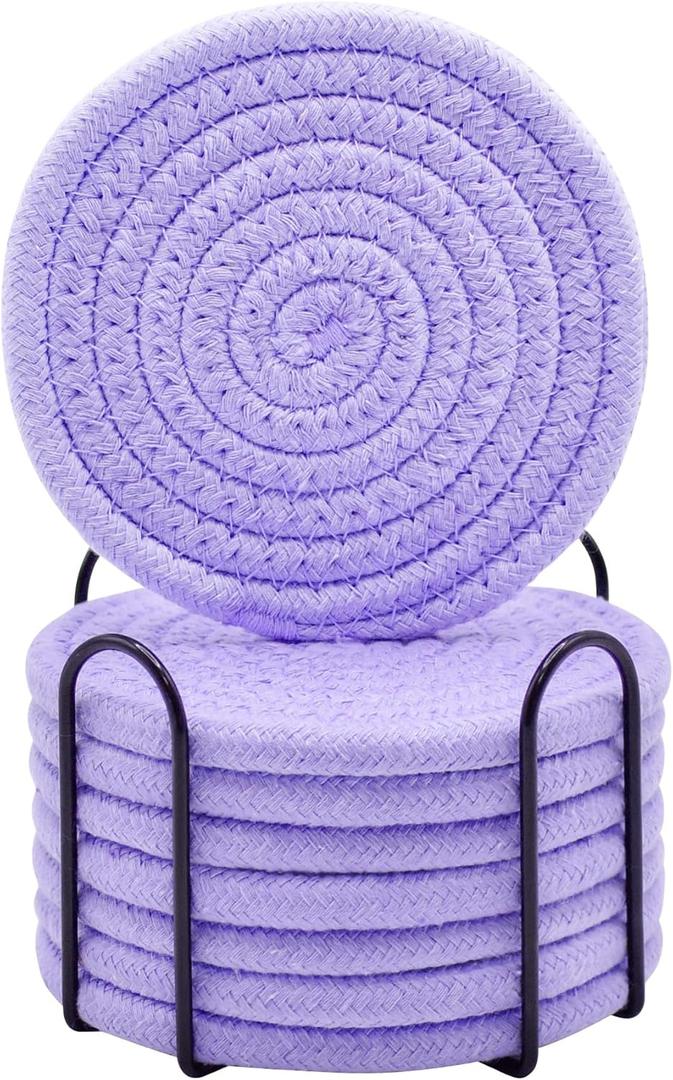 ABenkle 8 Pcs Drink Coasters with Holder, Cotton Woven Absorbent Coasters for Drinks, Minimalist Home Decor Coaster Set for Wooden Tabletop Protection Table, 4.3 inches (Purple)
