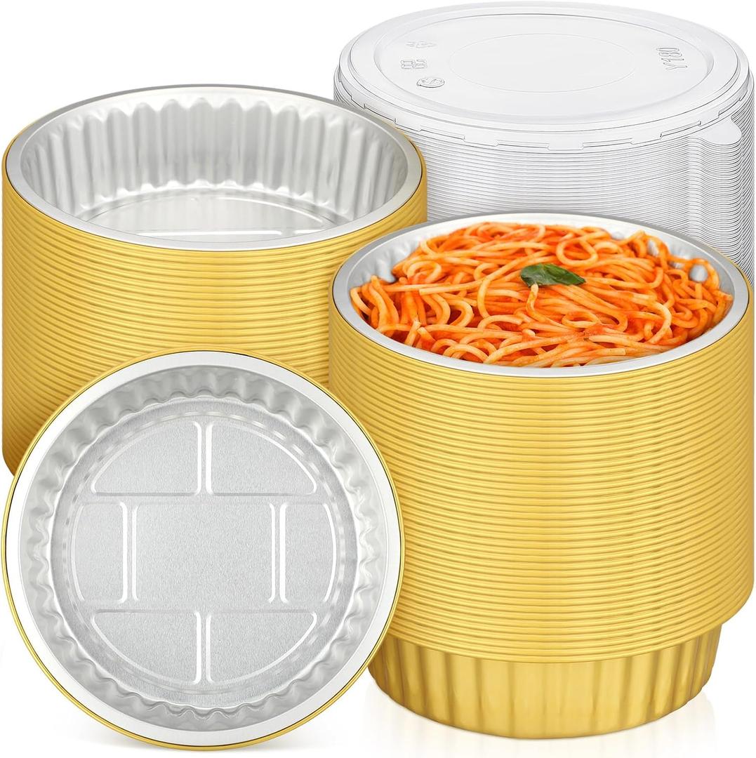 Zhehao 40 Pcs 7 Inch Aluminum Foil Pans with Lids 31 Oz Gold 2X Thicker Heavy Duty Foil Pan Disposable Baking Pans Disposable Cookware Tin Food Containers for Cake Pie Cooking Microwavable Oven