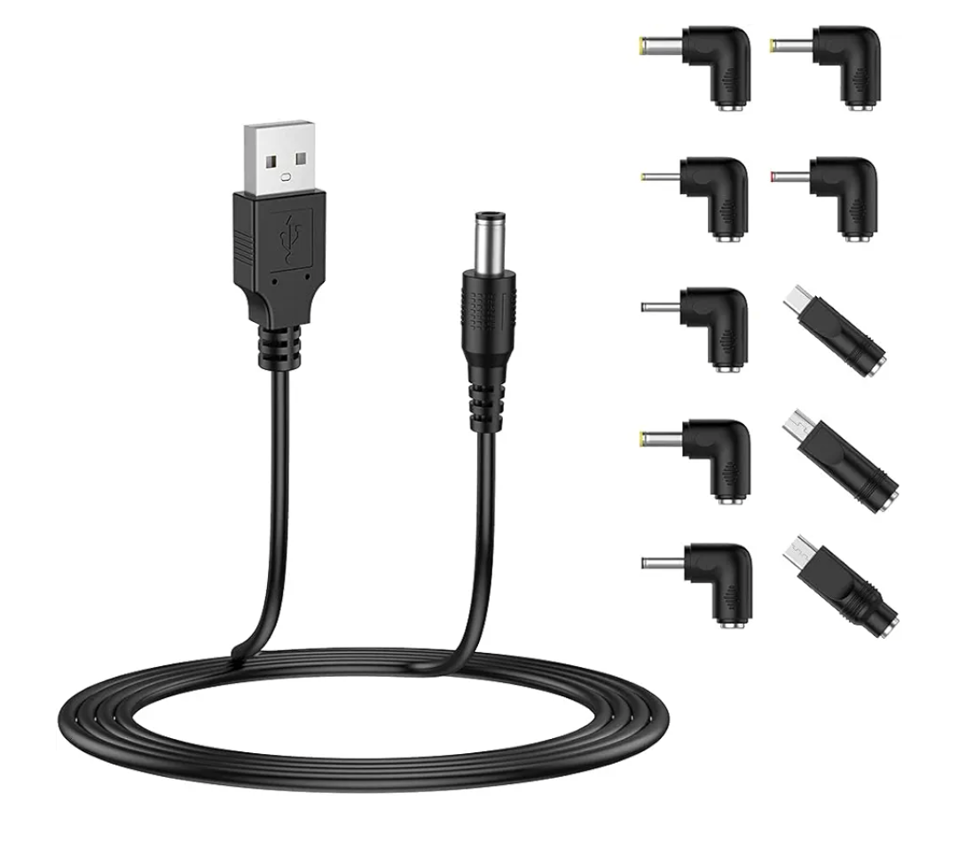 LIANSUM USB to DC 5V Power Cord, Universal DC 5.5x2.1mm Plug Jack Charging Cable with 10 Connector Tips(5.5x2.5, 4.8x1.7, 4.0x1.7, 4.0x1.35, 3.5x1.35, 3.0x1.1, 2.5x0.7, Micro USB, Type-C, Mini USB)5FT