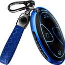 Lucrum Compatible with Hyundai Key Fob Cover & Leather Keychain, Keyfob Case for Santa Fe, Sonata, Tucson, Grandeur, Ioniq 6, KONA, Elantra - For 7 Button Remote (2022-2025) - Black and Blue