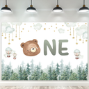 Riyidecor Bear One 1st Birthday Kids Children Backdrop Baby Shower Hot Air Balloons 5Wx3H Feet Polyester Fabric Misty Green Cloud Star Photography Background Cute Table Decor Banner Studio Photo Shoot