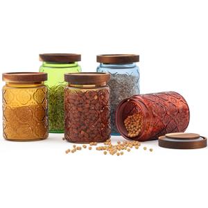 Outus 5 Pcs 23.7 oz, 33.8 oz Vintage Glass Jar with Lids Colored Glass Canisters Jars with Airtight Wooden Lids for Kitchen Counter Flour Sugar Cookie Coffee Tea Storage Containers