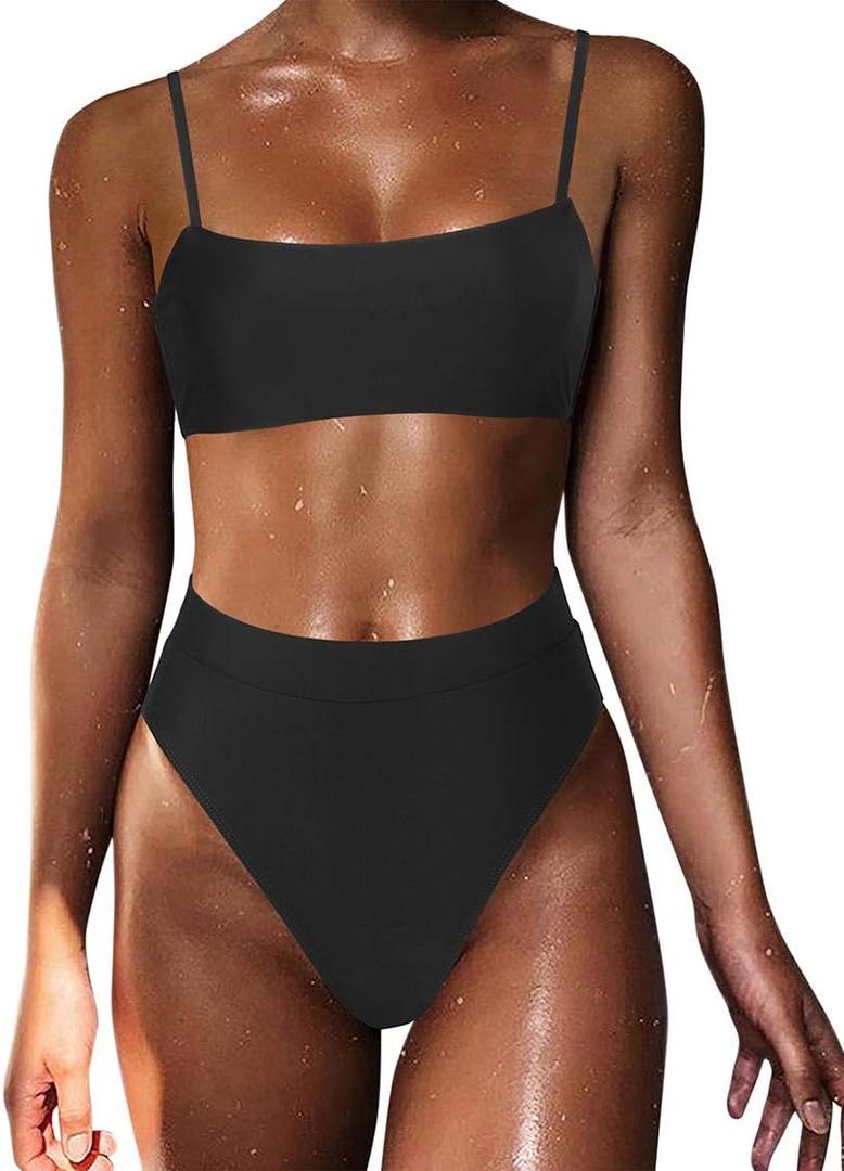 MOSHENGQI Women High Wasited Bikini Shoulder Strap 2 Piece High Cut String Swimsuits (X-Large, Black)