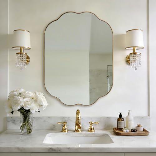 ANDY STAR Scalloped Bathroom Mirror, 24x32 Inch Brushed Gold Vanity Mirror in Stainless Steel Metal Frame, Unique Oval Mirror with Modern Curved Edge Design, Ideal for Bathroom, Bedroom, Entryway