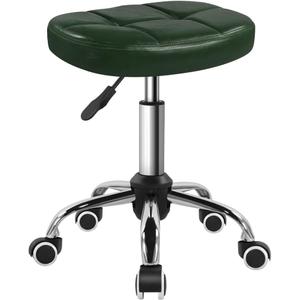BFTOU 6-Square Lattice PU Swivel Stool with Wheel for Work SPA Shop Massage Height-Adjustable and Cost-Effective Rolling Stool Chair (Green), Seat: 17.7" x 17.7" x 19.3"; Base: 17.7" diameter