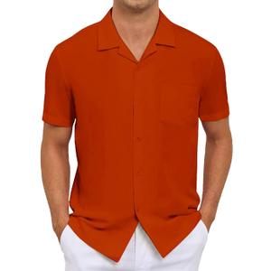 Men's Short Sleeve Button Down Shirt Cuban Collar Anti-Wrinkle Shirt Casual Summer Beach Shirt (Red, M)