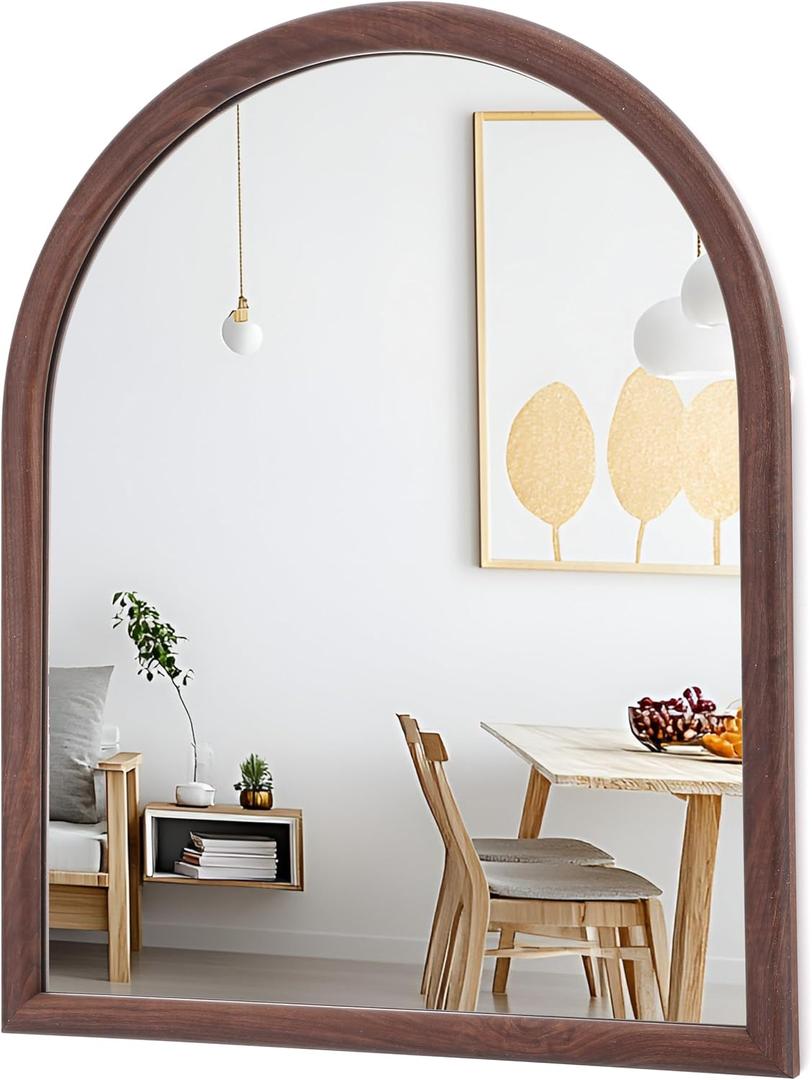 LVMU Arched Farmhouse Wall Mirror Natural Walnut/Oak Elegant Woodgrain Large Vanity Decorative Mirrors 16''x20''/20''x30'' Tempered Glass Bathroom Over Sink, Entryway Living Room (Walnut, 20"L x 16"W)