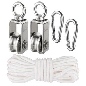 Cable Pulley Block Heavy Duty Stainless Steel, Bearing Inside with 32ft Nylon Rope and 2 Hooks,Swivel Single Pulley Wheel,Good for Pulley Lifing System,Loading 551lb