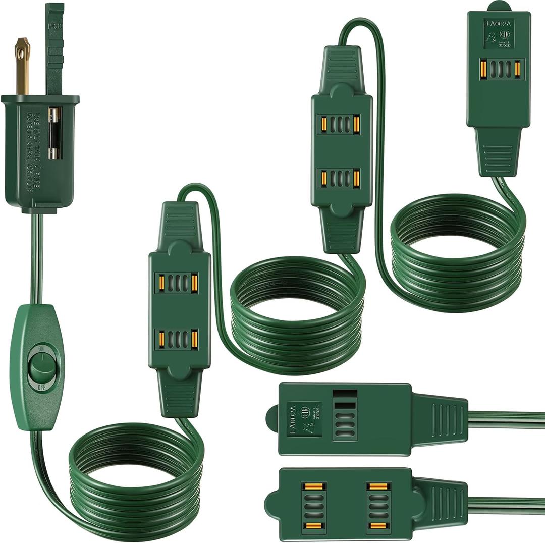 Enhon 1 Pcs 15 Ft Green Extension Cord with 9 Outlets and On/Off Switch, Christmas Tree Light Extension Cord with Safety Fuse Male Plug for Christmas Or Holiday Lights, Christmas Village Lights