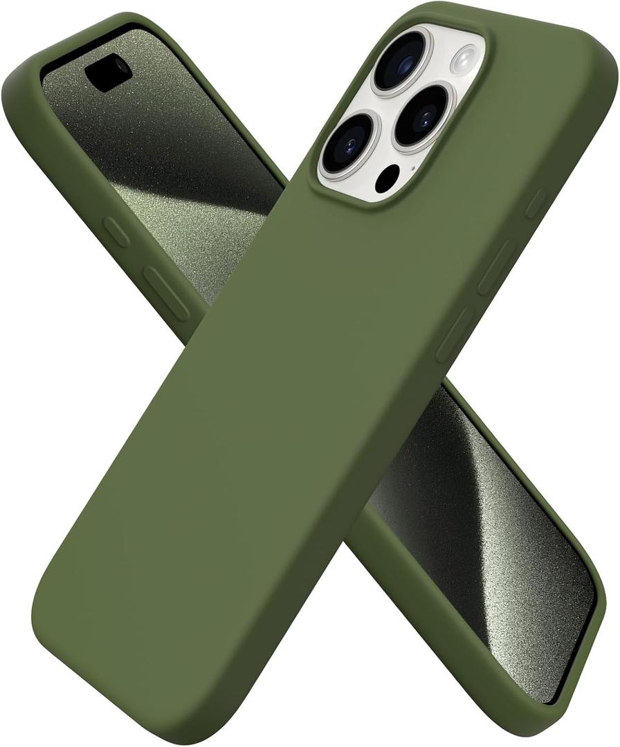 ORNARTO Compatible with iPhone 15 Pro Case 6.1", Liquid Silicone 3 Layers Full Covered Soft Gel Rubber Cover, Shockproof Protective Slim Phone Case with Anti-Scratch Microfiber Lining-Cedar Green