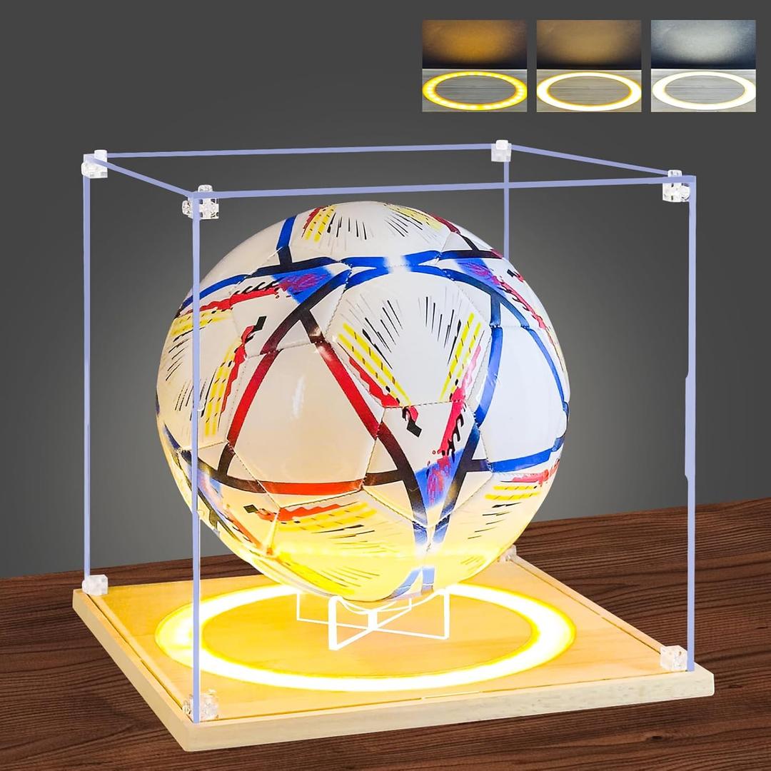 DORYBEN Soccer Display Case with Light, Full Size Acrylic Box with Removable Built-in Ball Display Stand, UV Protected Clear Case for Soccer Fans & Collectors, Sports Collectibles (Soccer-10.2*10.2*10.2in)