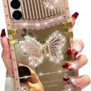 Samsung Galaxy S25 Glitter Kickstand Case, Cute Luxury 3D Bling Sparkly Diamond Butterfly with Foldable Stand Mirror Elegant Shockproof Protective Case for Women Girls for Galaxy S25, Pink