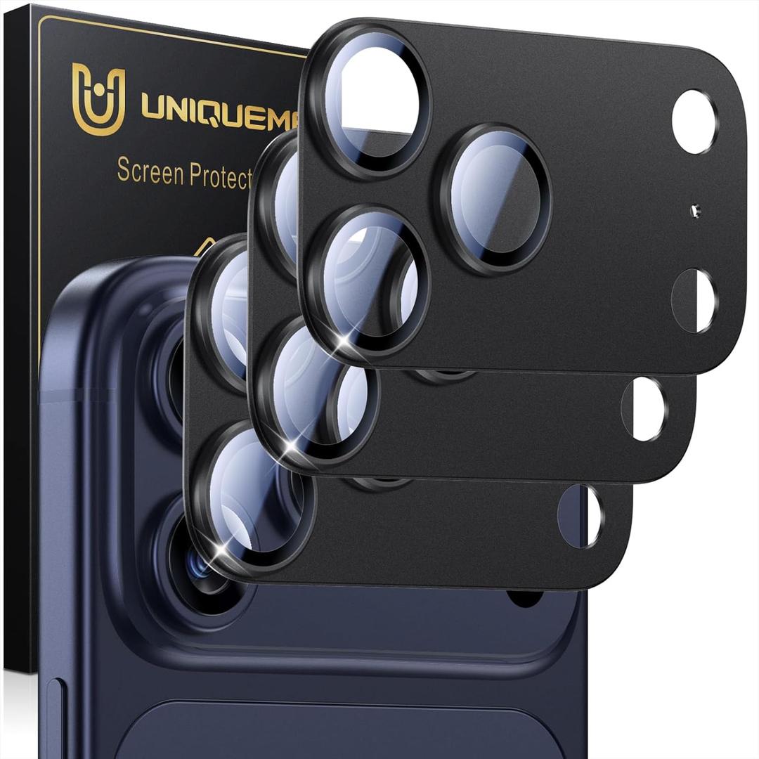 UniqueMe for 3 Pack iPhone 17 Pro Camera Lens Protector - [Drop Protection] [Case Friendly] 9H Tempered Glass Camera Cover Screen [Update New Version] - All Black