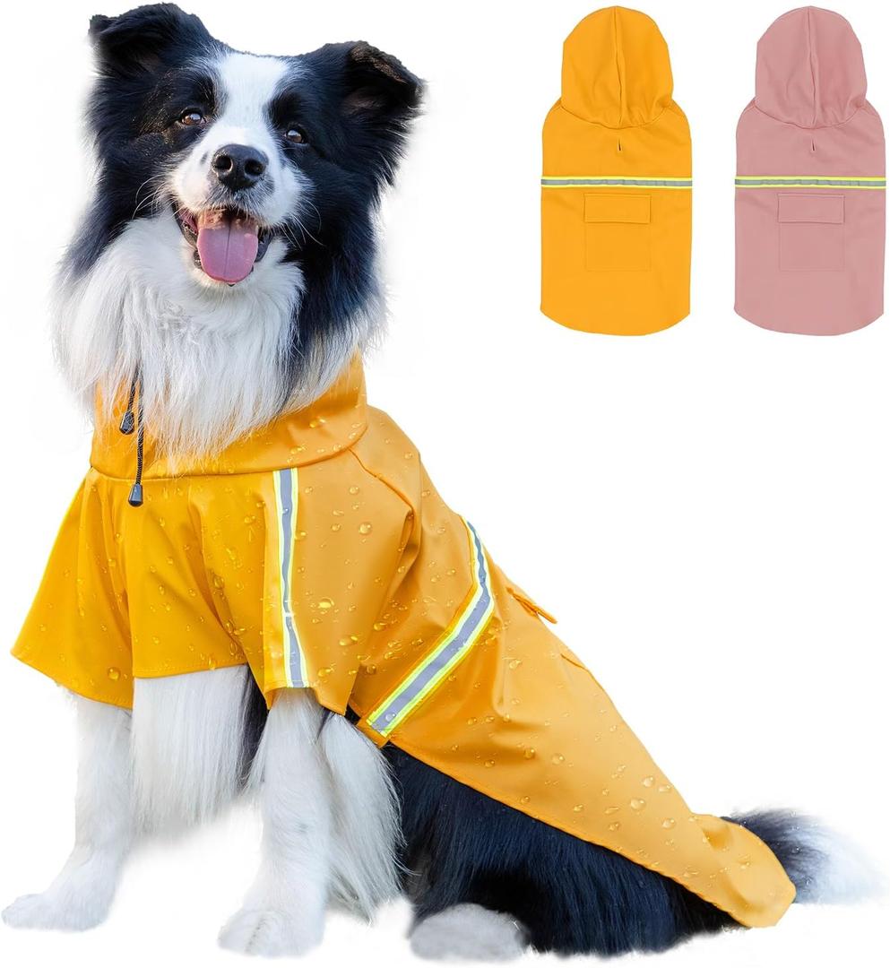Dog Raincoat, Waterproof Windproof Dog Rain Jacket Adjustable, Rain Coat with Leash Hole, Reflective Strap Raincoat Poncho for Small Medium Large Dogs Outdoor (Reflection-Yellow, XL)