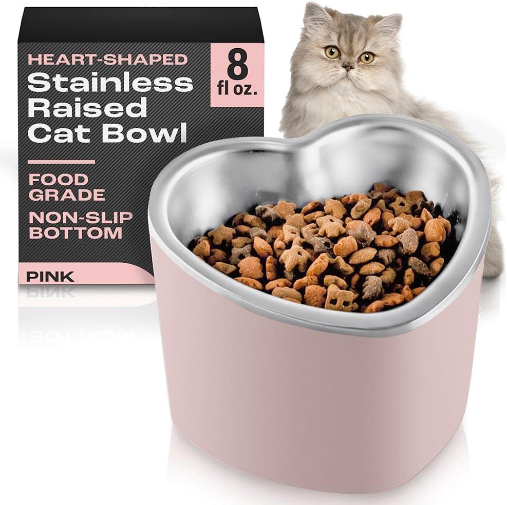 OCM Raised Cat Bowl  8oz Heart Shaped Elevated Bowls, Stainless Steel, Non-Slip, Promotes Digestion, Reduces Vomiting, Indoor Cat & Small Dog Bowls (Pink)