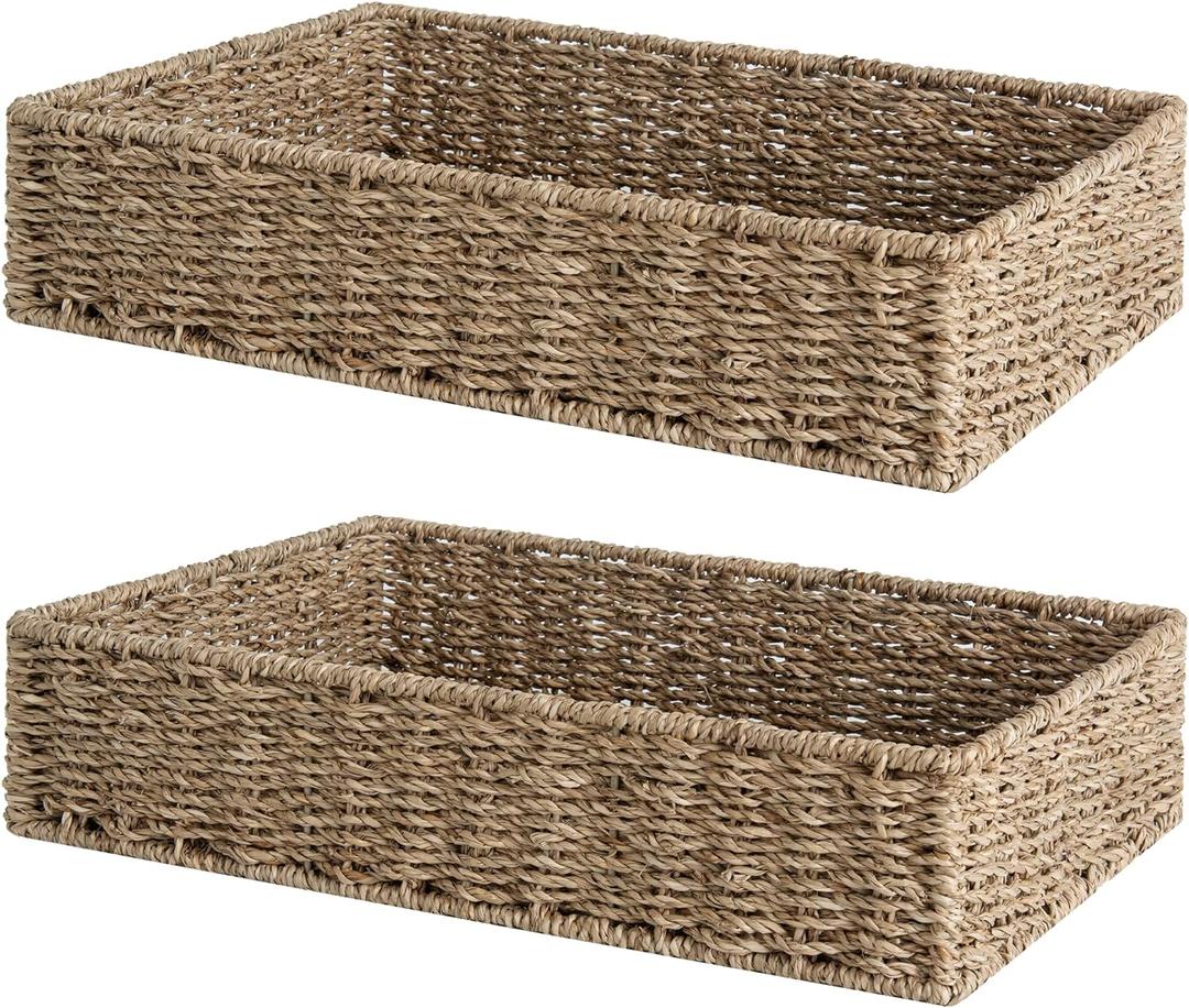 StorageWorks Large Seagrass Tray for Bathroom, Seagrass Storage Baskets for Shelves, Handwoven Natural Wicker Baskets for Organizing, 2-Pack (15 "L x 11 "W x 3 "H)