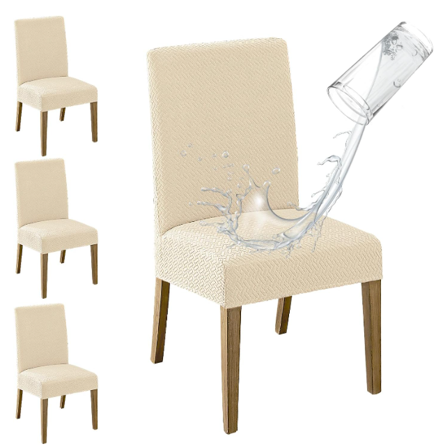 MOSAYT 100% Waterproof Dining Room Chair Covers Set of 4, Super Fit Stretch Jacquard Parson Chairs Slipcovers Removable Washable Chair Seat Protectors for Home, Kitchen, Banquet (Beige)