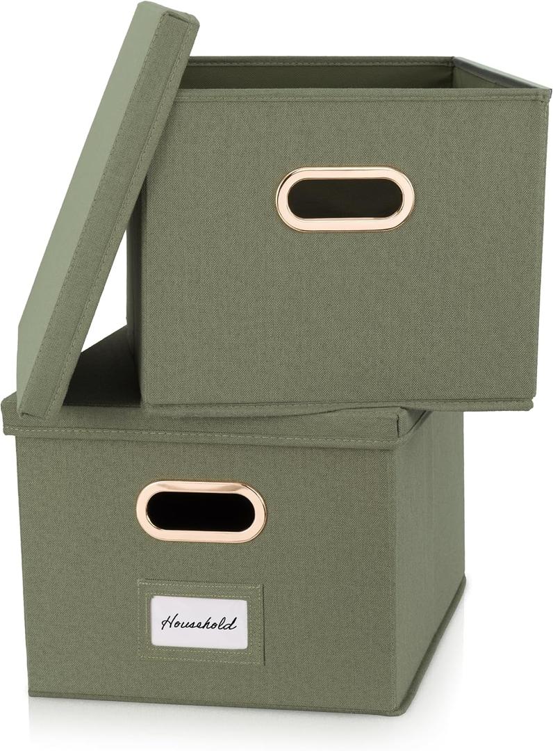 ZICOTO Decorative File Organizer Box Set of 2 - Collapsible Linen Filing Cabinets w/Handles Are Perfect to Store all Your Documents & Hanging File Folders - Portable Easy Slide Crates with Lid (Sage)