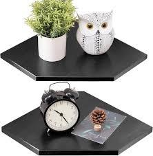 Fun Memories Corner Shelf Wall Mount Set of 2 - Solid Oak Wood Floating Corner Shelf with Cable Hole, 8.5in Rustic Design for Bedroom, Living Room, Kitchen (Black)