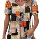 Angerella Women Tunic Tops Dressy Casual Summer Short Sleeve V Neck Shirts Floral Loose Fit Pleated Boho Top, Size L