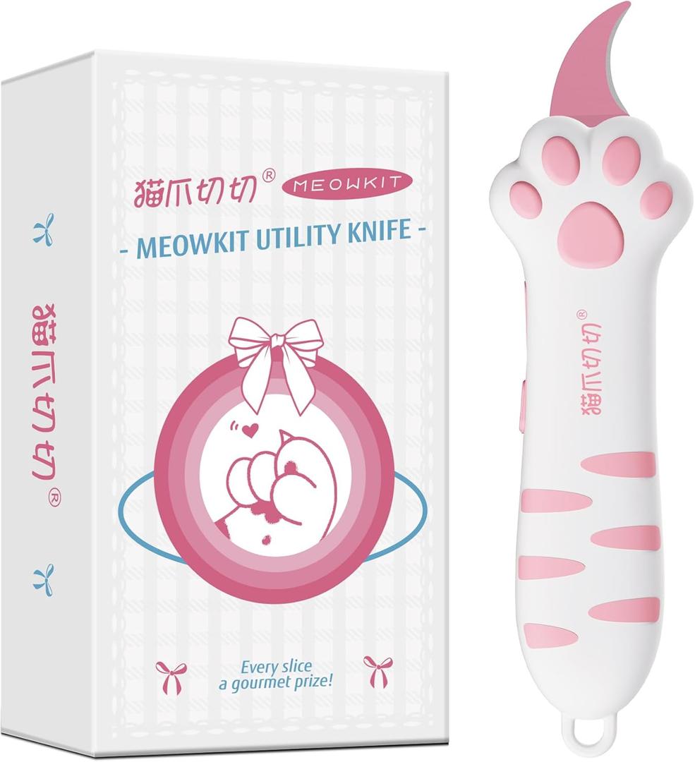 Cat Paw Box Cutter Retractable with Cat Paw Handle, Multifunctional Knife Set (Pink)
