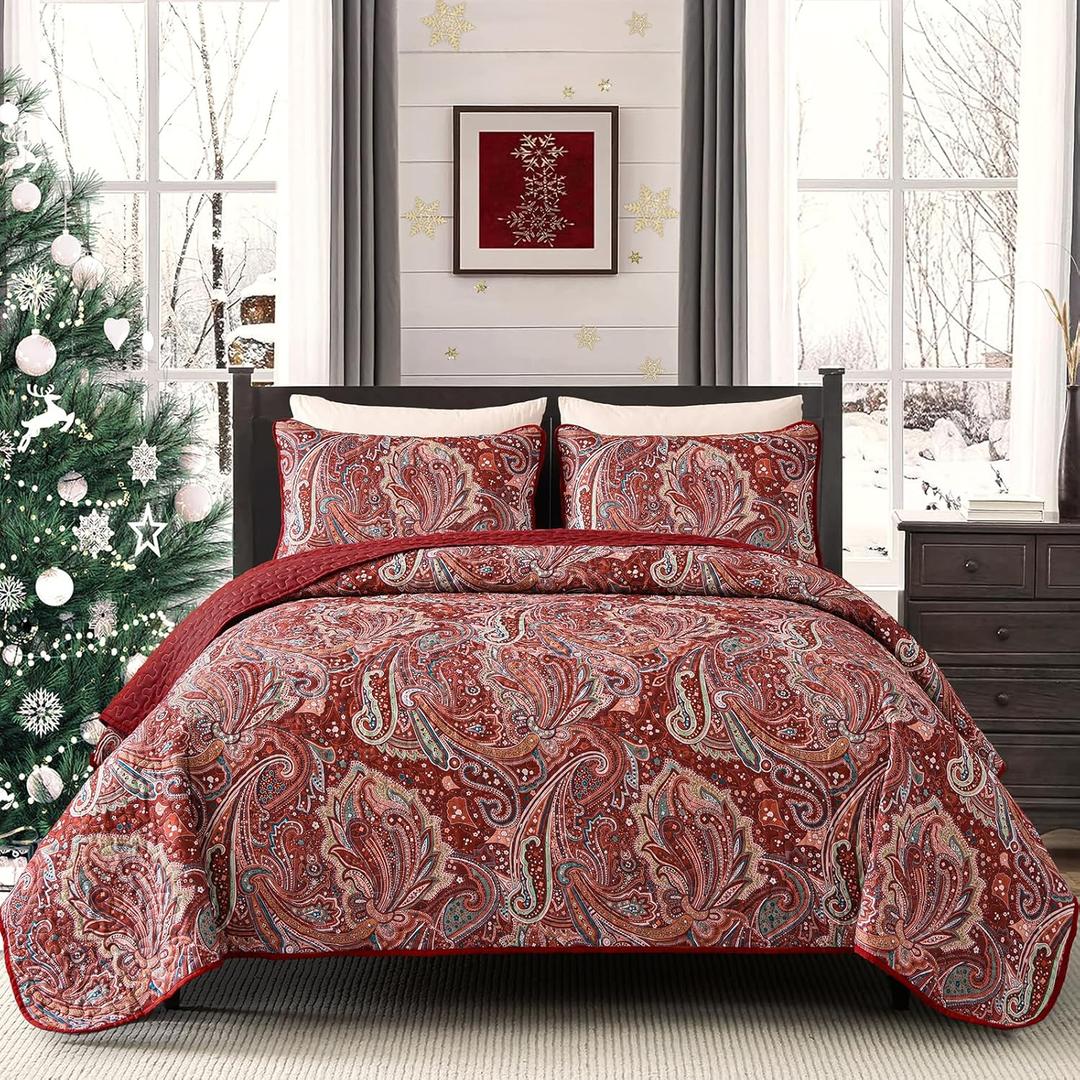 DJY Red Paisley Quilt Set King Size Boho Quilt Bedspread Set 3 Pieces, Soft Lightweight Microfiber Coverlet Set Paisley Floral Pattern Bedding for All Season, 110''x90''