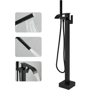RUMOSE Tub Filler Freestanding Bathtub Faucet Matte Black Floor Mount Tub Faucet Waterfall Free Standing Bathtub Filler High Flow Brass Bath Shower Faucets with Handheld Sprayer
