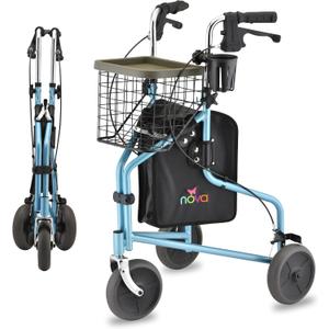 NOVA Traveler Folding 3-Wheel Walker with Tray, Basket, Pouch & Cup Holder, Lightweight Mobility Aid for Seniors & Adults, 8 All-Terrain Wheels for Tight Spaces & Travel, Sky Blue