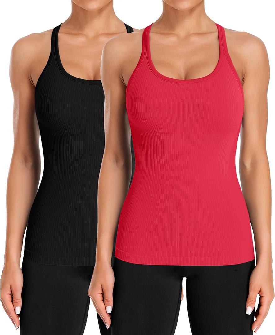 ATTRACO 2 Pack Ribbed Workout Tank Top with Built in Bra for Women Tight Fit Seamless Yoga Top (Large, Black/Red)