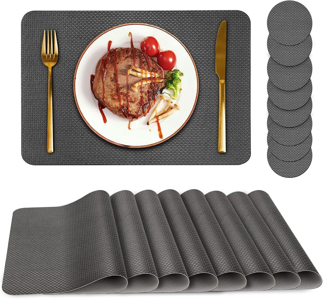 Bacgnyer Placemats Set of 8, Placemat with Coasters Heat Stain Scratch Resistant Non-Slip Waterproof Oil-Proof Washable Wipeable Outdoor Indoor for Dining Patio Table Kitchen Decor and Kids (Grey 8) (Gray)