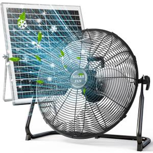 DBF 12" Solar Powered Fan - Rechargeable Outdoor Floor Fan - 4-24H Runtime Battery Operated, Solar Panel & AC Charging High Velocity Metal Industrial Fans Cordless for Home Camping Trip Power Outage